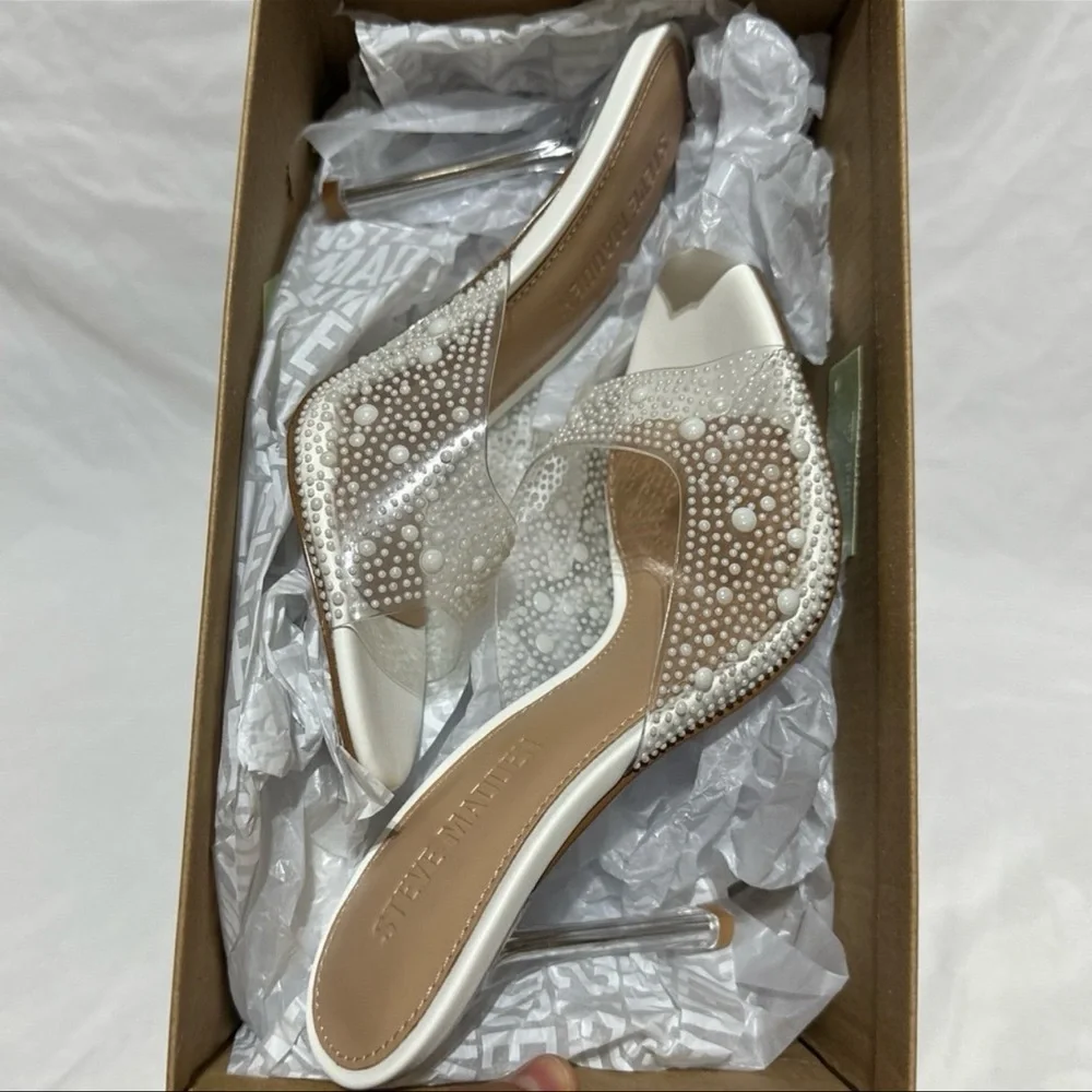 Steve Madden Peach PVC Open Toe White Pearl Embellished Heels